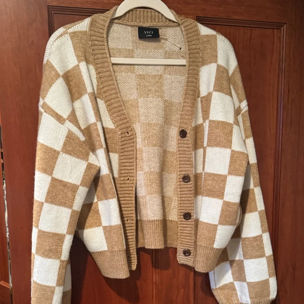 Vici Tan and White Checkered Cardigan - Picture 1 of 5
